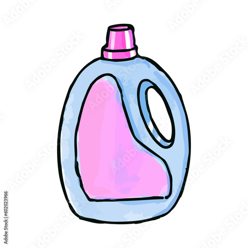 Hand-drawn watercolor art of fabric conditioner. Baby washing items isolated in doodle style.