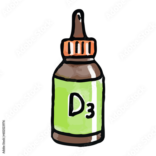 Hand-drawn watercolor illustration of bottle vitamin d. Baby care item isolated in doodle style.