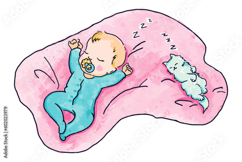 Hand drawn art illustration of little baby and kitty sleeping together on the blanket. Vector illustration for postcards, gritting cards and social media