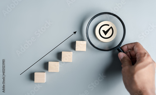 Step to Quality Standard approved Assurance or QA and Quality Control or QC and improvement. Standardization. certification. Compliance to regulations service and standards.