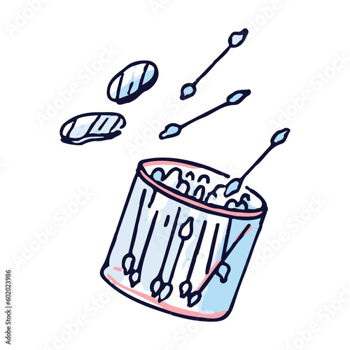 Hand-drawn watercolor illustration of ear sticks jar. Baby cotton buds isolated in doodle style.