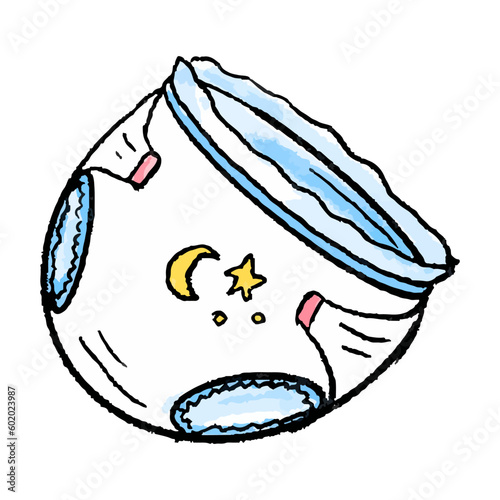 Hand-drawn watercolor illustration of diaper. Baby care item isolated in doodle style.