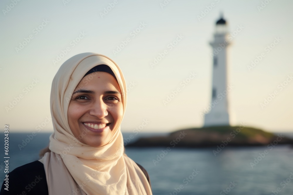 Portrait of a beautiful young muslim woman smiling at the camera with a lighthouse in the background Portrait of a beautiful young muslim woman smiling at the camera with a lighthouse in the background