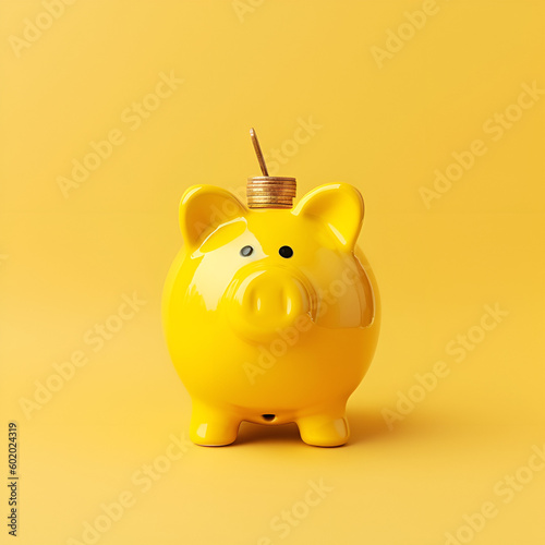 closeup of fifty euros bank note in yellow piggy bank on yellow background