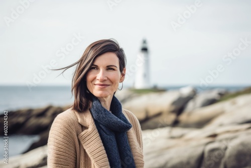 Portrait of a beautiful woman standing in front of a lighthouse on the beach © Robert MEYNER