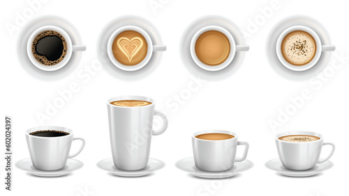 Realistic 3D cups of coffee. White ceramic cup of cappuccino, latte art and coffee shop promotion mockup isolated vector illustration set