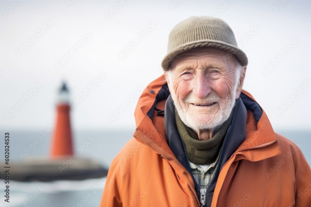 Portrait of senior man standing in front of lighthouse on a cold winter day Portrait of senior man standing in front of lighthouse on a cold winter day