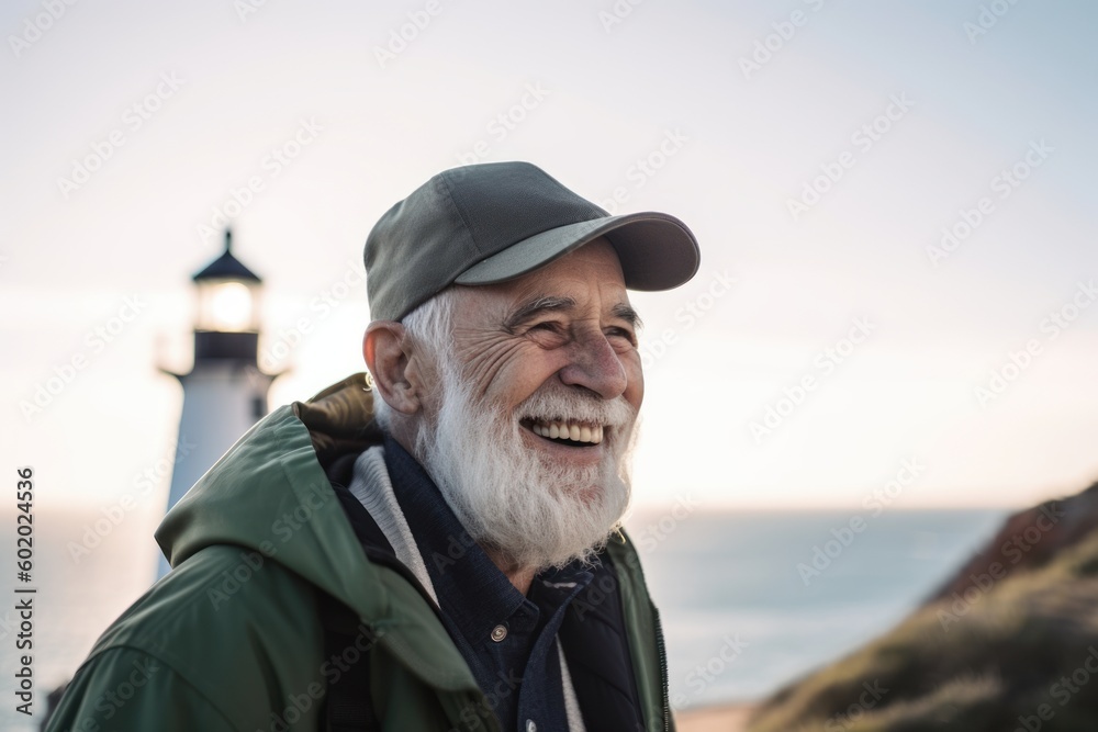 Portrait of smiling senior man standing in front of lighthouse at sunset Portrait of smiling senior man standing in front of lighthouse at sunset
