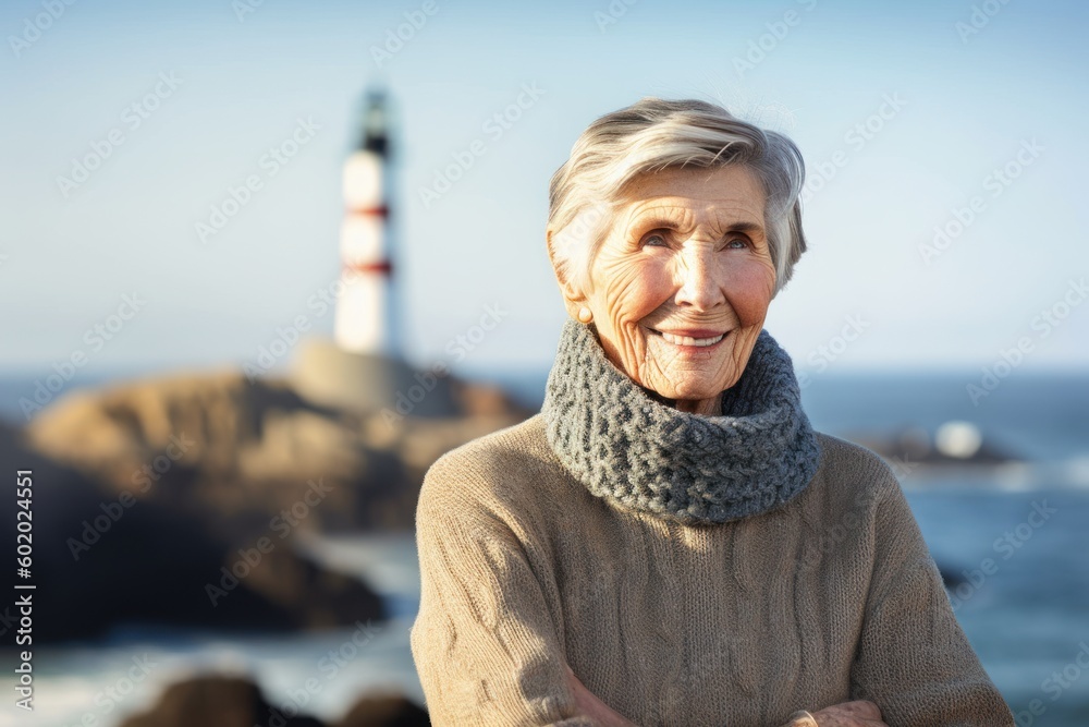 Portrait of smiling senior woman standing in front of lighthouse at beach