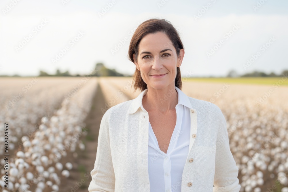 Portrait of a smiling businesswoman standing in field of cotton plants Portrait of a smiling businesswoman standing in field of cotton plants
