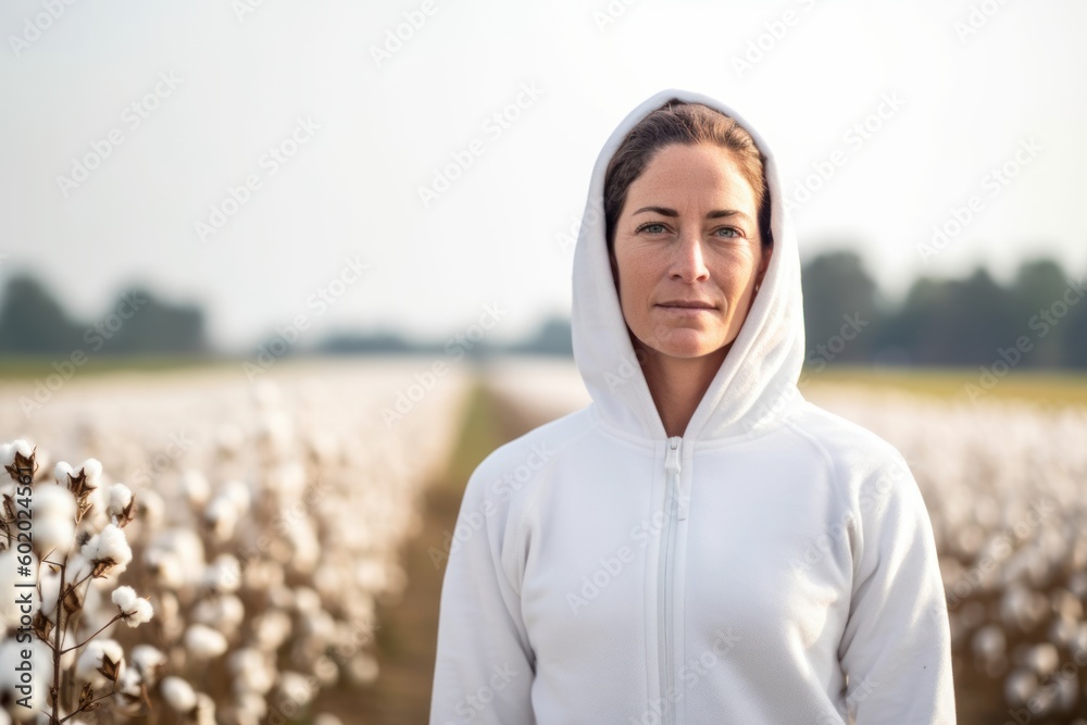 Portrait of young woman in white hoodie standing in cotton field Portrait of young woman in white hoodie standing in cotton field