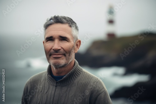 Portrait of handsome mature man standing in front of a lighthouse on the beach