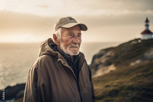 Senior man standing in front of a lighthouse on the cliffs at sunset © Robert MEYNER
