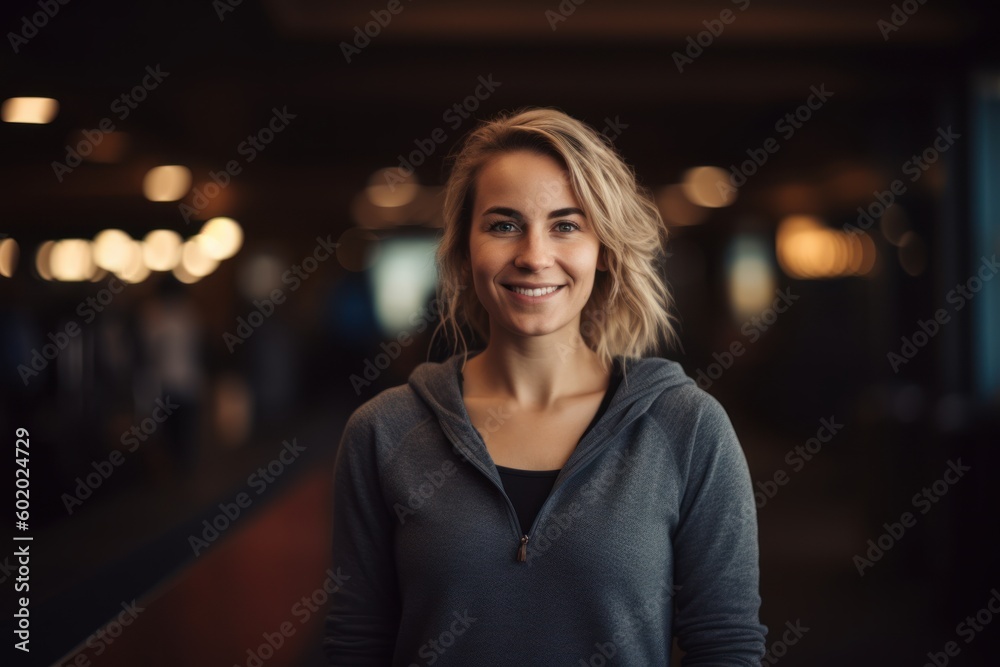 Portrait of a beautiful young woman smiling at the camera in a hotel lobby Portrait of a beautiful young woman smiling at the camera in a hotel lobby