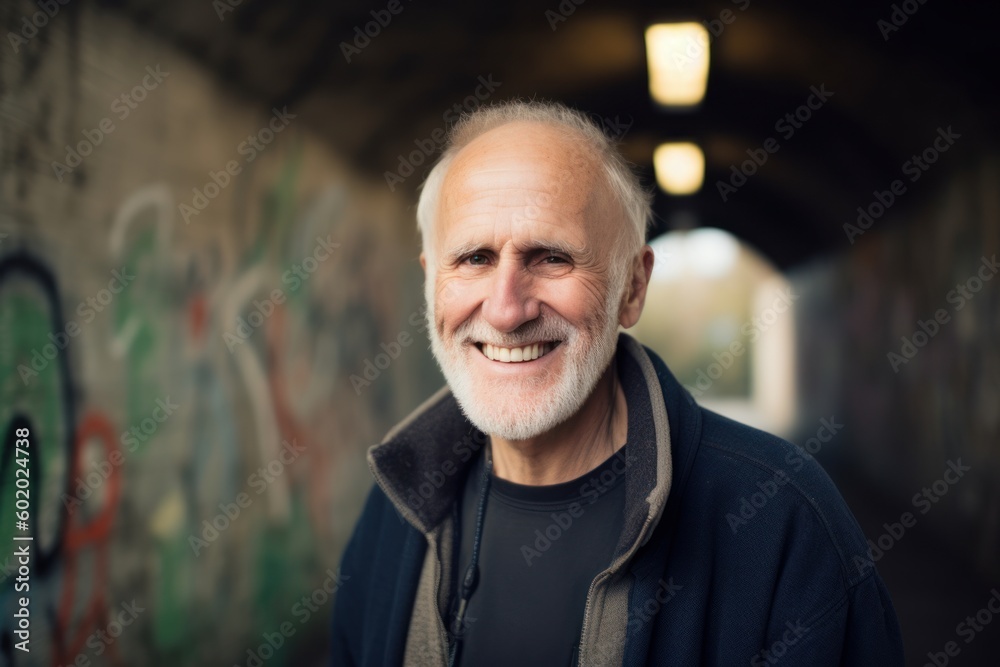 Portrait of a smiling senior man in a tunnel. Looking at camera. Portrait of a smiling senior man in a tunnel. Looking at camera.