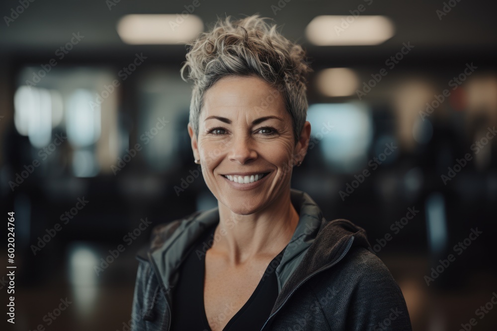 Portrait of smiling middle aged woman looking at camera in fitness studio Portrait of smiling middle aged woman looking at camera in fitness studio