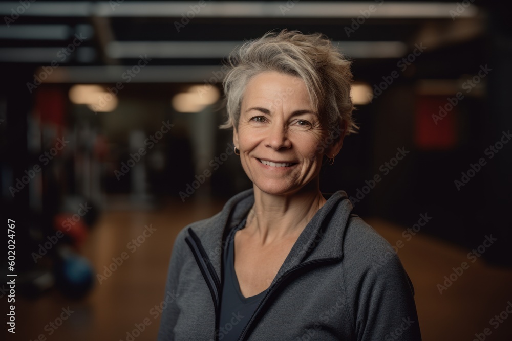 Portrait of a smiling senior woman standing in a fitness studio. Portrait of a smiling senior woman standing in a fitness studio.