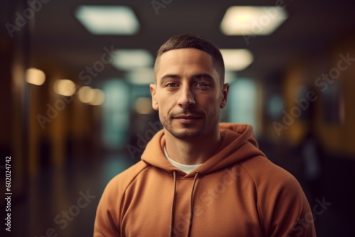 Lifestyle portrait photography of a pleased man in his 30s wearing a comfortable tracksuit against a gym or fitness center background. Generative AI