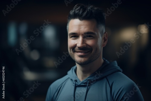 Lifestyle portrait photography of a grinning man in his 30s wearing a comfortable tracksuit against a gym or fitness center background. Generative AI