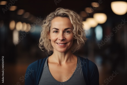 Portrait of smiling woman with curly hair looking at camera in gym