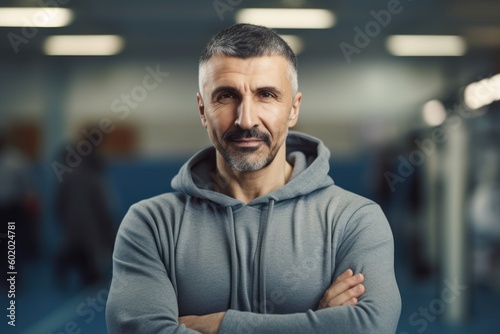 Portrait of confident mature man with arms crossed standing in fitness studio