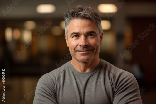 Portrait of a handsome middle-aged man with grey hair smiling at the camera