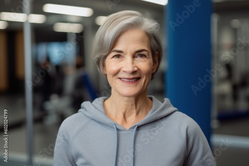 Portrait of smiling senior woman in fitness studio, looking at camera