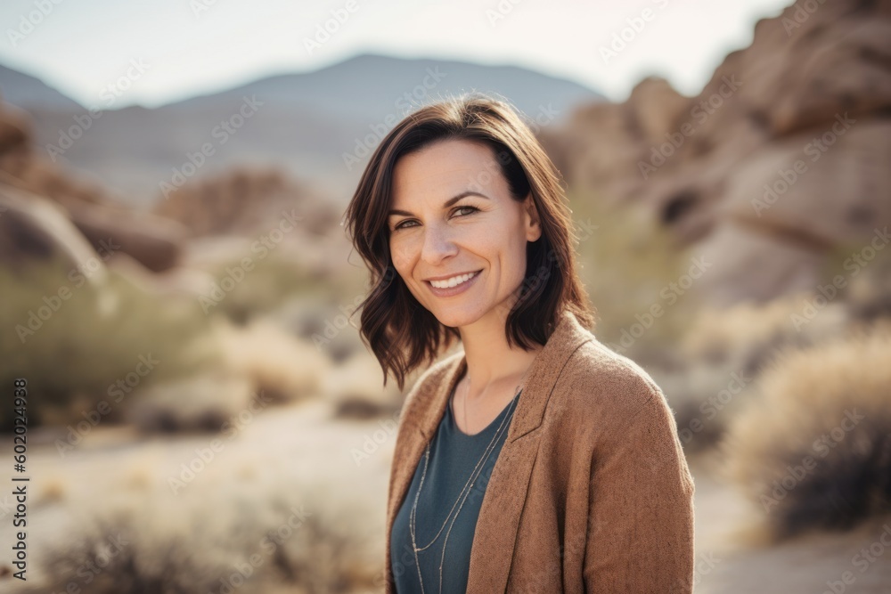 Portrait of smiling woman standing in Joshua Tree National Park in California Portrait of smiling woman standing in Joshua Tree National Park in California