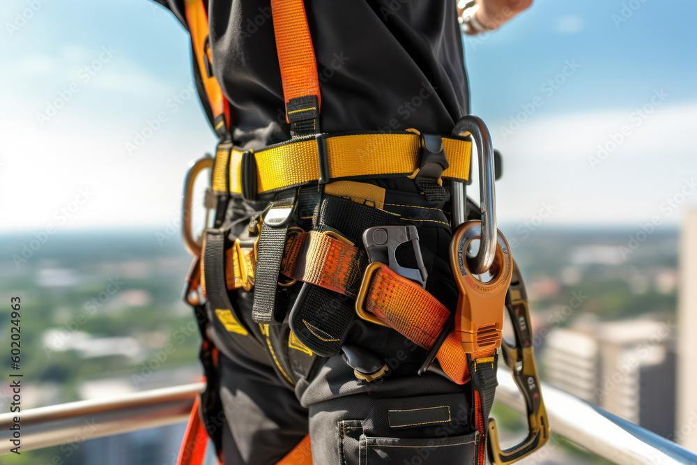 Climber worker with construction safety equipment working at height, safety harness and seat belt closeup. Generative AI Climber worker with construction safety equipment working at height, safety harness and seat belt closeup. Generative AI
