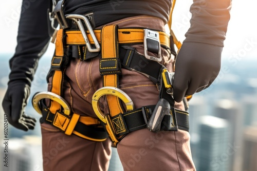Climber worker with construction safety equipment working at height, safety harness and seat belt closeup. Generative AI