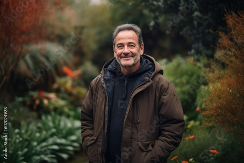 Handsome middle-aged man smiling and looking at camera while standing in garden © Robert MEYNER