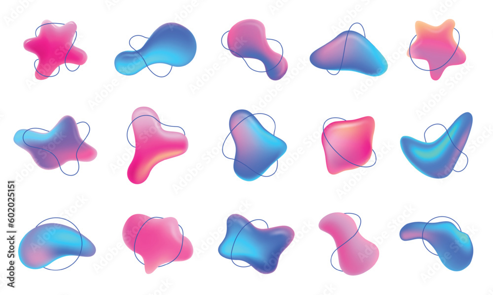 Abstract blob shape 3d gradients. Dynamic fluid backgrounds and vibrant three-dimensional gradient shapes for modern designs and branding vector elements set Abstract blob shape 3d gradients. Dynamic fluid backgrounds and vibrant three-dimensional gradient shapes for modern designs and branding vector elements set
