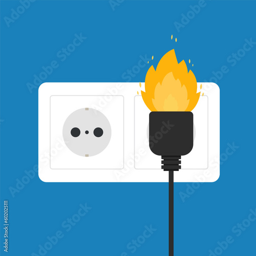 Fire wiring. Socket and plug on fire from overload. Electrical safety concept. Vector illustration flat design. Broken electrical connection.