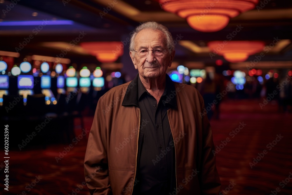 Environmental portrait photography of a pleased man in his 70s wearing a comfortable tracksuit against a casino or gaming floor background. Generative AI