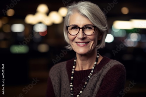 Portrait of smiling senior woman in eyeglasses in cafe at night