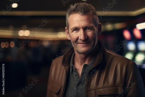 Portrait of a handsome mature man in a leather jacket at night