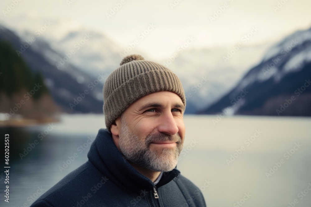 Handsome middle-aged man in a warm hat and sweatshirt on the background of mountains and lake. Handsome middle-aged man in a warm hat and sweatshirt on the background of mountains and lake.