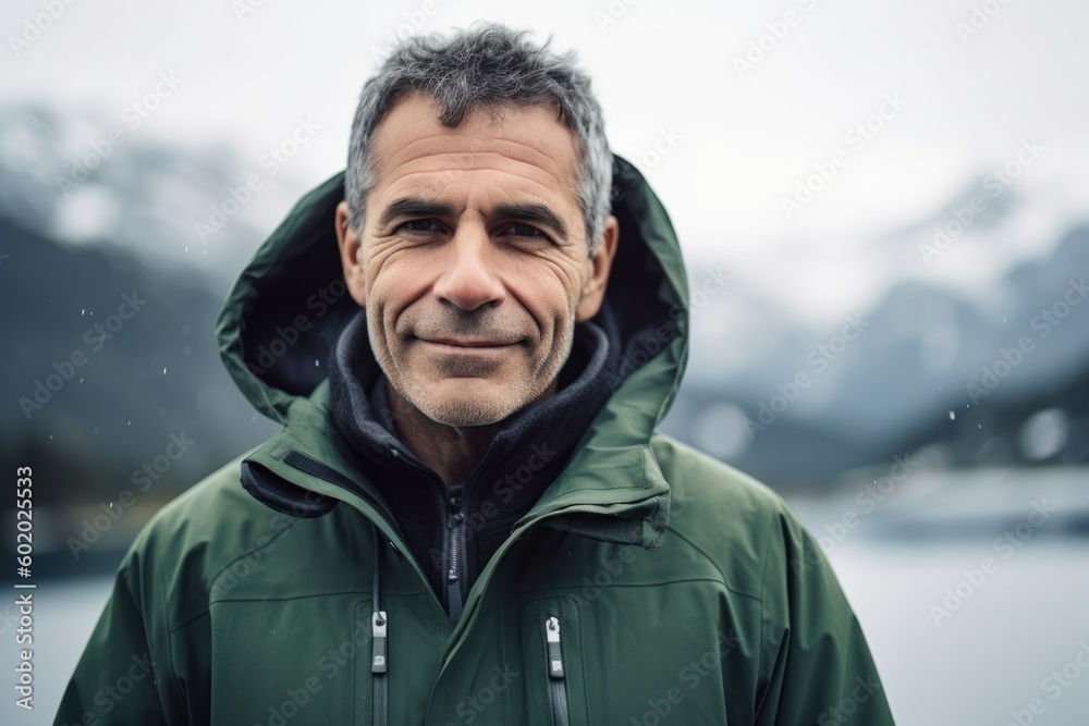 Portrait of a middle-aged man in a green jacket on a background of mountains. Portrait of a middle-aged man in a green jacket on a background of mountains.