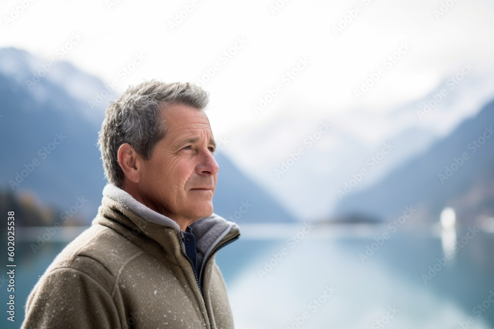 Portrait of senior man standing by lake in Alps, looking away Portrait of senior man standing by lake in Alps, looking away