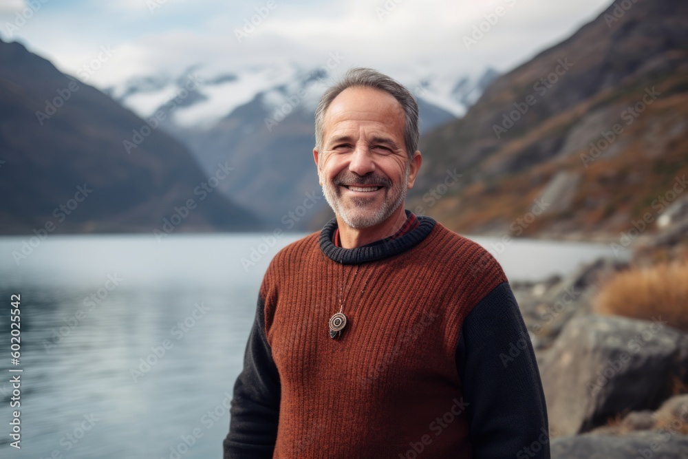 Portrait of a smiling senior man standing by a lake in New Zealand Portrait of a smiling senior man standing by a lake in New Zealand