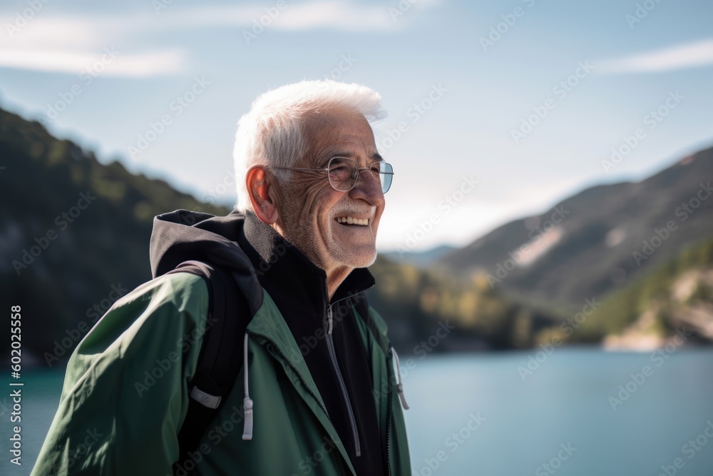 Portrait of senior man with backpack looking at camera on mountain lake