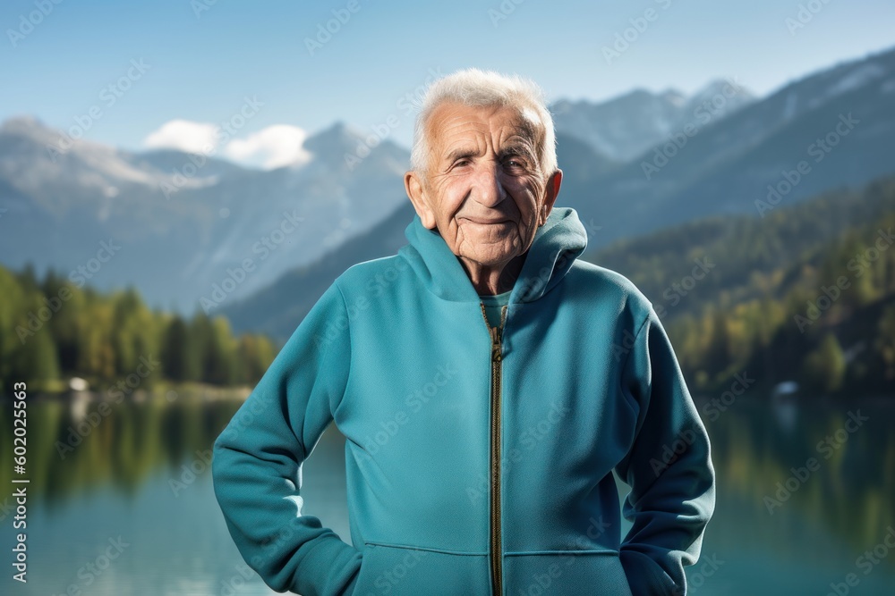 Portrait of senior man in sportswear on mountain lake background