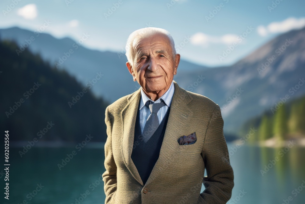 Portrait of a senior man on the background of mountains and lake Portrait of a senior man on the background of mountains and lake