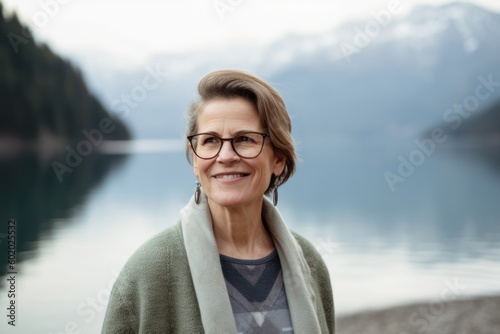 Portrait of a beautiful middle-aged woman with glasses on the background of a mountain lake