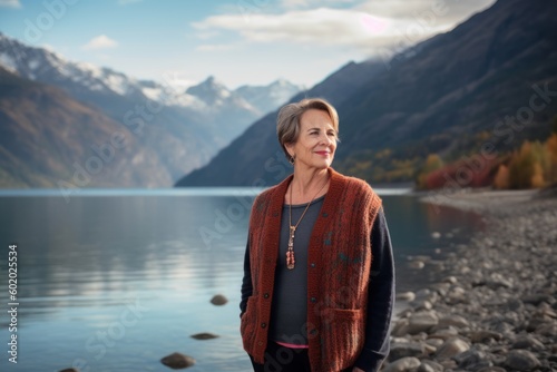 Senior woman standing on the shore of Lake Wakatipu  New Zealand