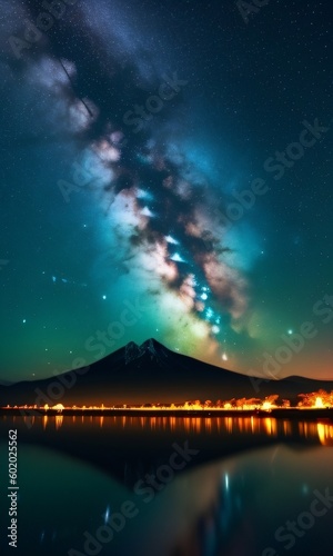Stellar lights over the sea and a mountain in the background