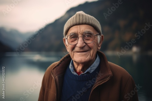 Portrait of an elderly man at the lake in the mountains.