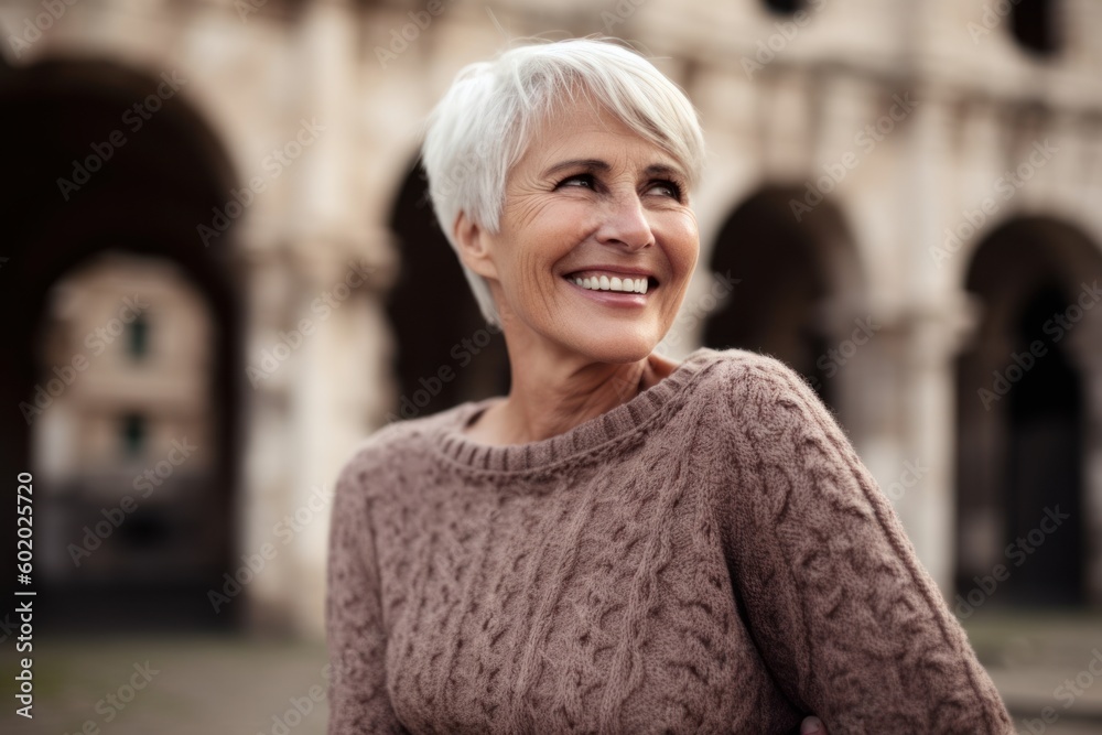 Portrait of a smiling senior woman standing in front of an arch in the city