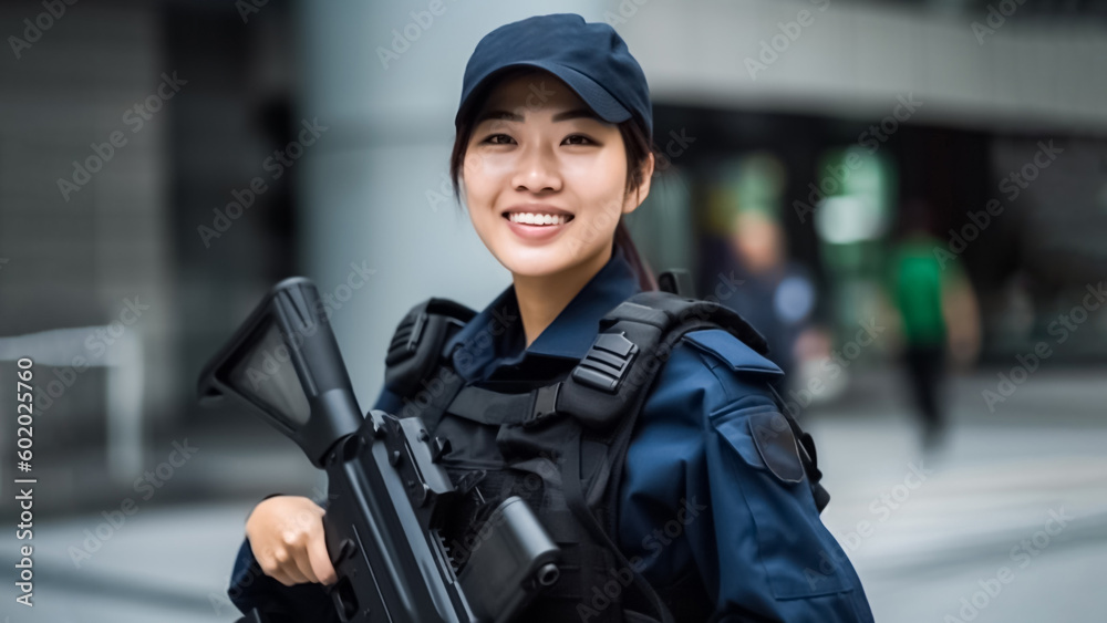 Asian female soldier stands tall in her armored suit, holding a formidable long gun in her hands. generative AI Asian female soldier stands tall in her armored suit, holding a formidable long gun in her hands. generative AI