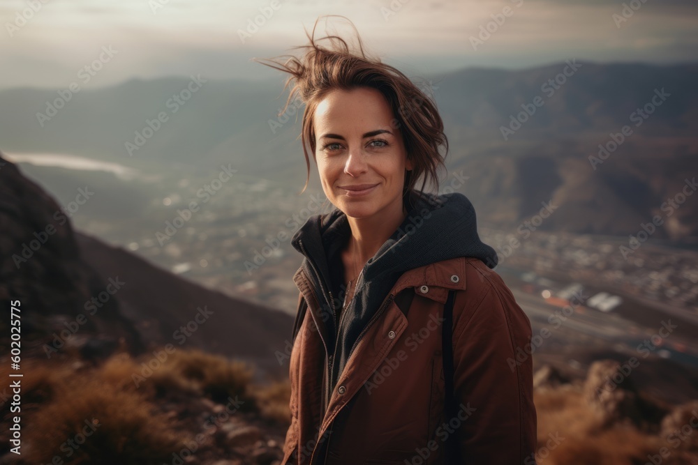 Beautiful woman hiker looking at camera on top of a mountain